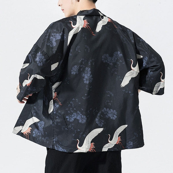 Bird Print Open-Front Kimono