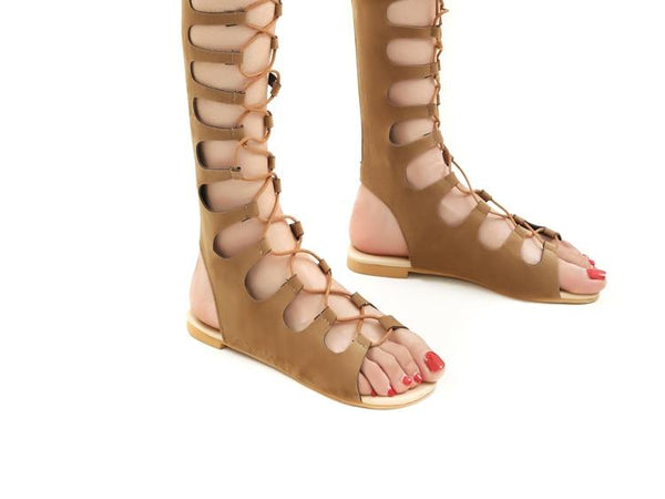 Brown Lace-Up Knee High Gladiator Sandals