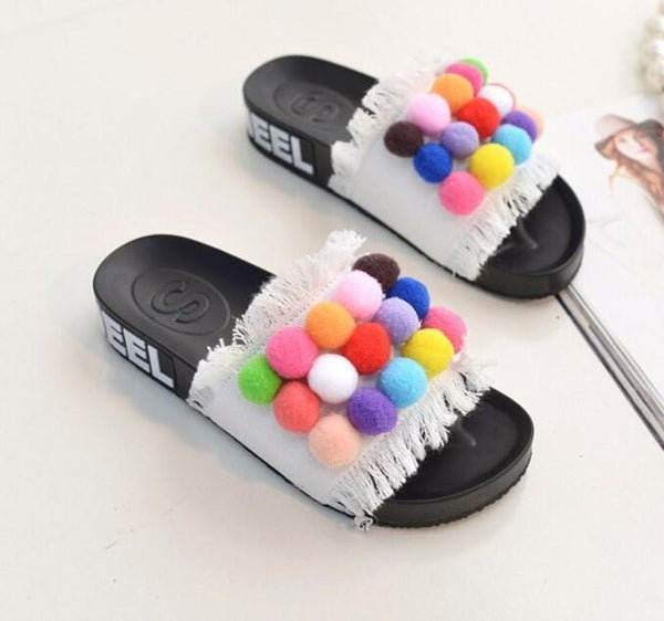 Colorful Pom-Pom Slide Sandals