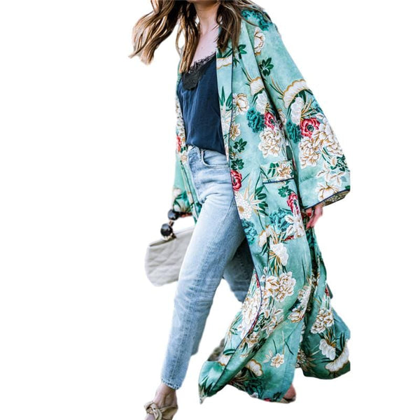 Colorful Floral Print Long-Sleeves Kimono