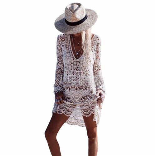 Floral Crochet Long-Sleeve Beach Cover-Up