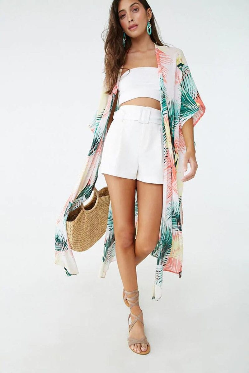 Tropical Print Half-Sleeve Kimono