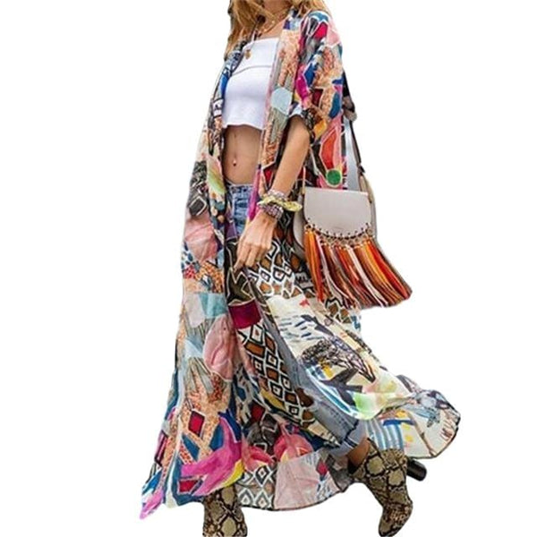 Bohemian Half-Sleeve Maxi Kimono