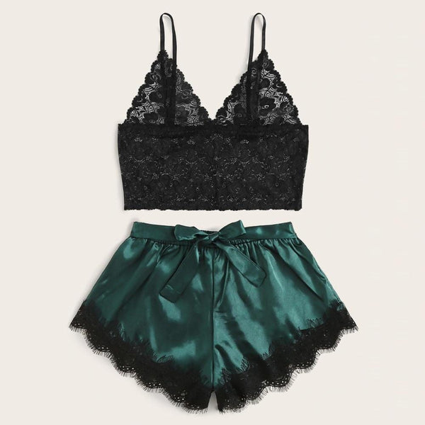 Women's Satin Lace Camisole and Green Shorts Set