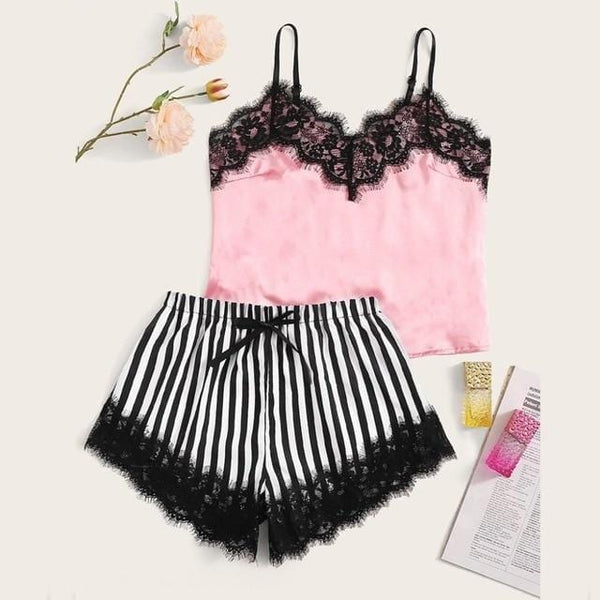 Women's Floral Lace Camisole and Striped Shorts Set