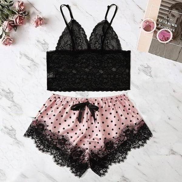 Women's Satin Lace Camisole and Pink Shorts Set