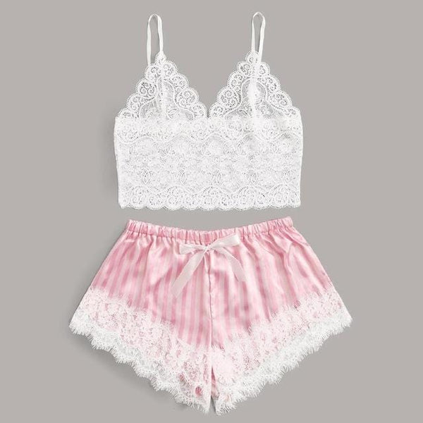 Women's Floral Lace Camisole and Pink Shorts Set