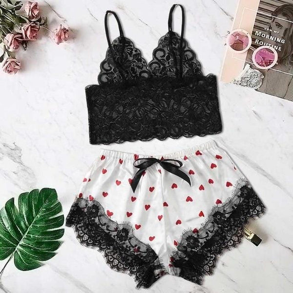 Women's   Satin Lace Camisole and Heart Shorts Set
