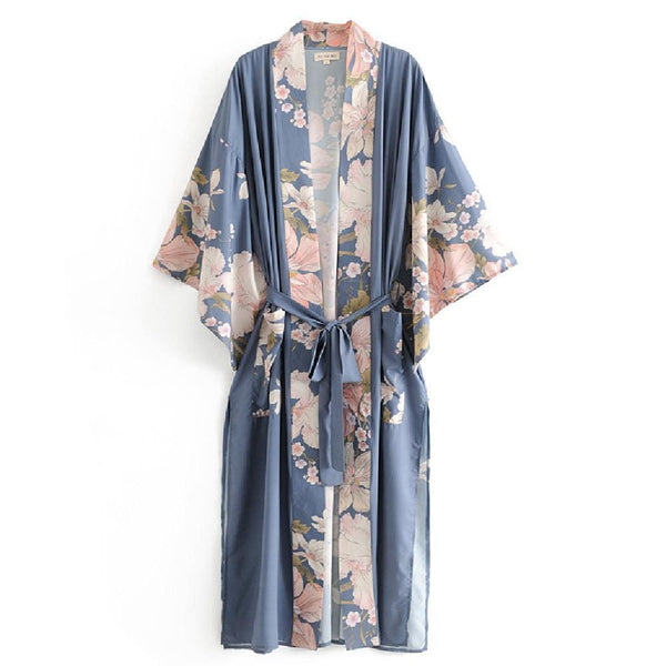 Floral Print Satin Maxi Kimono